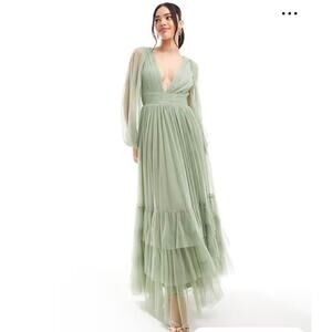 Lace & Beads Bridesmaid Madison long sleeve maxi dress in dusty sage size Us 4